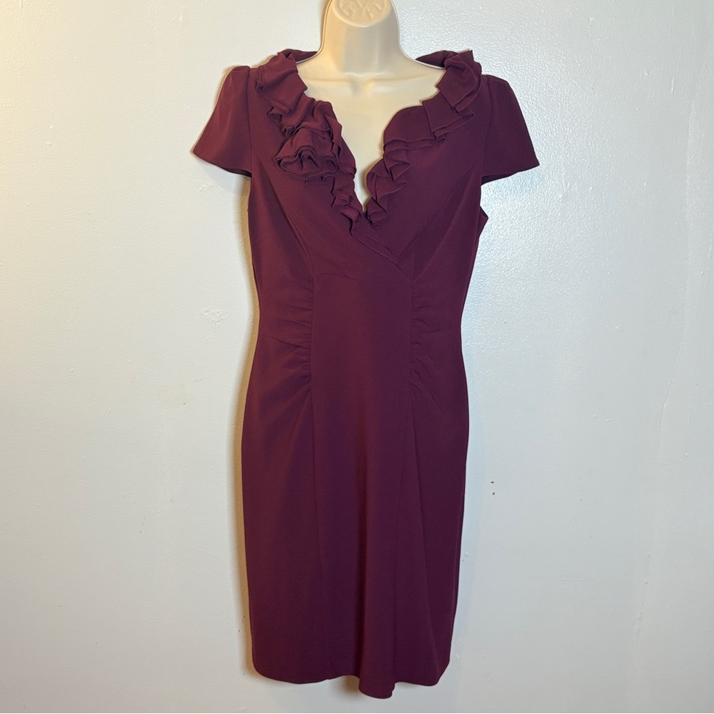 Vintage Kay Unger Dress Size 8 Burgundy Ruffle V-Neck Midi‎ Cocktail
